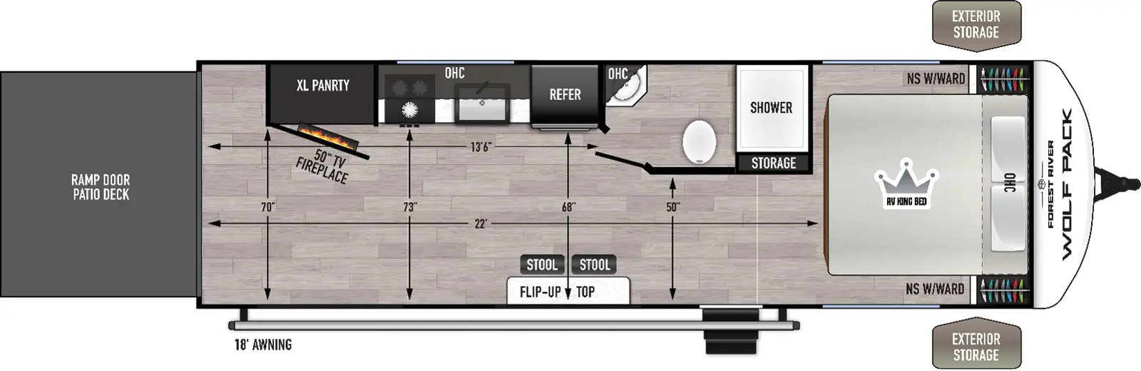 The Wolf Pack 26-13.5 floorplan is a toy hauler that has two entries and zero slide outs. Exterior features include: fiberglass exterior and 18' awning. 